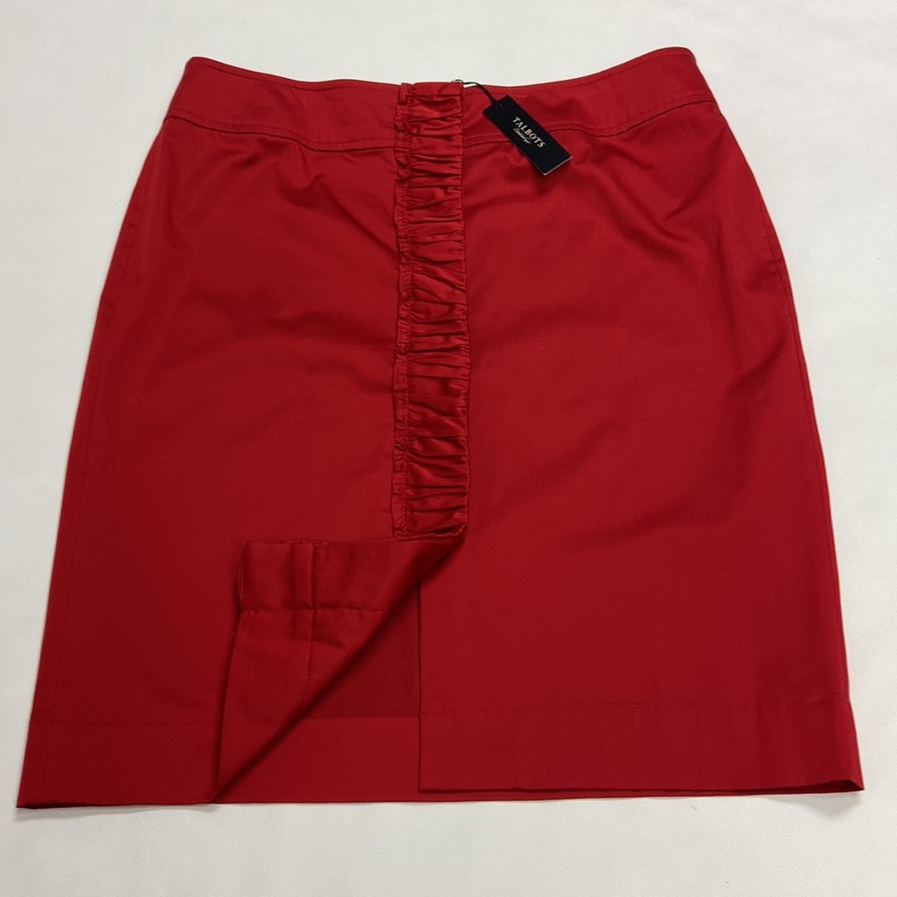 NWT Talbots red mini skirt embellished front ruffle slit Size 16